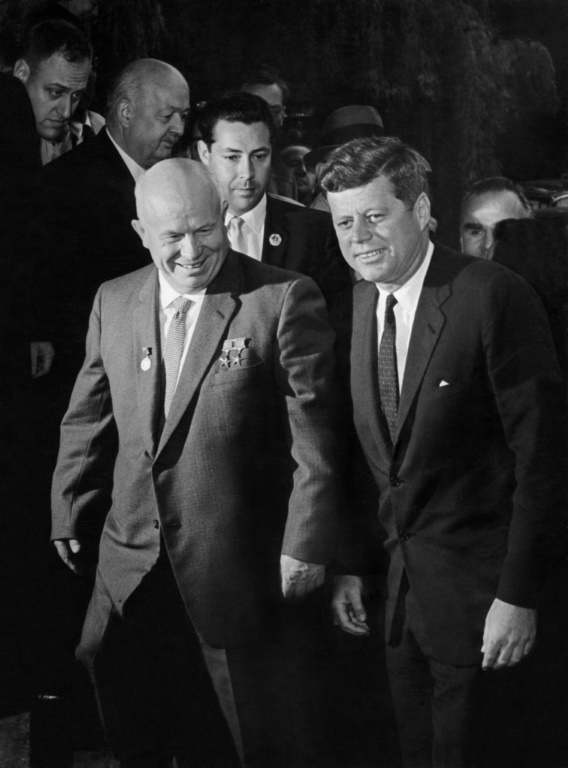 US President John Fitzgerald Kennedy (R) and Soviet leader Nikita  Khrushchev negotiated a end to the standoff