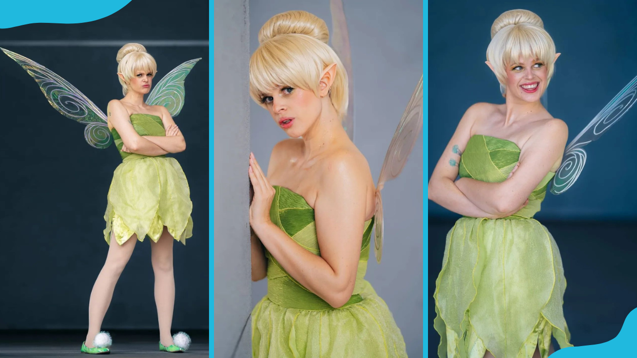 A model showcases a green strapless dress.