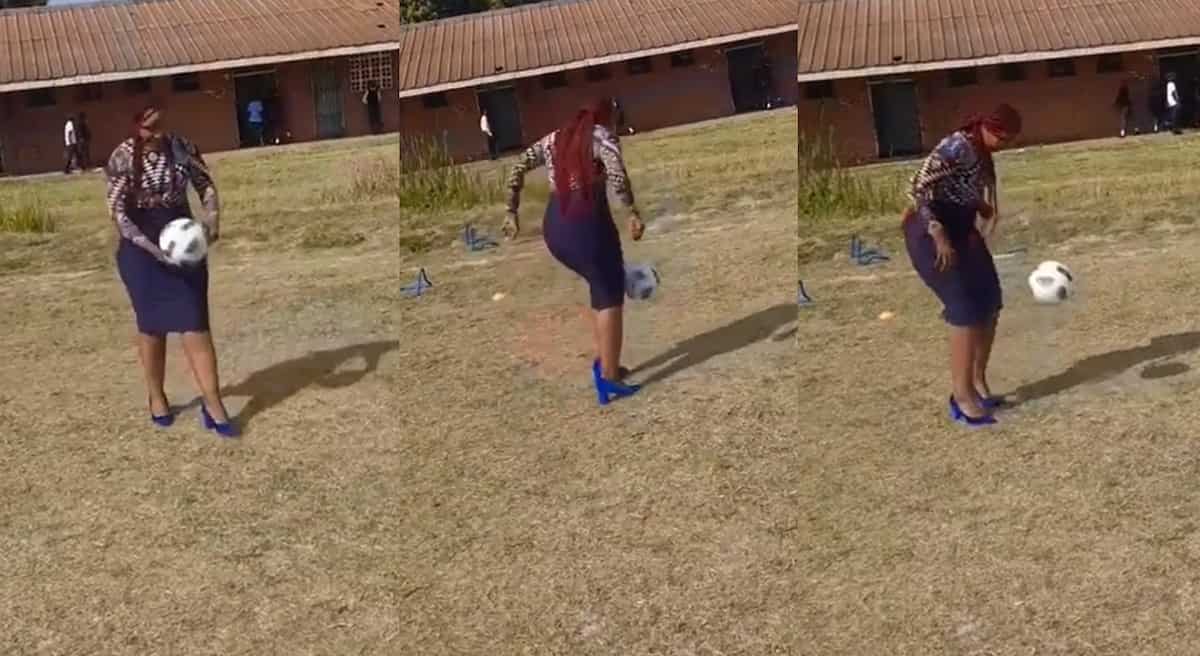 Photos of a lady playing football.