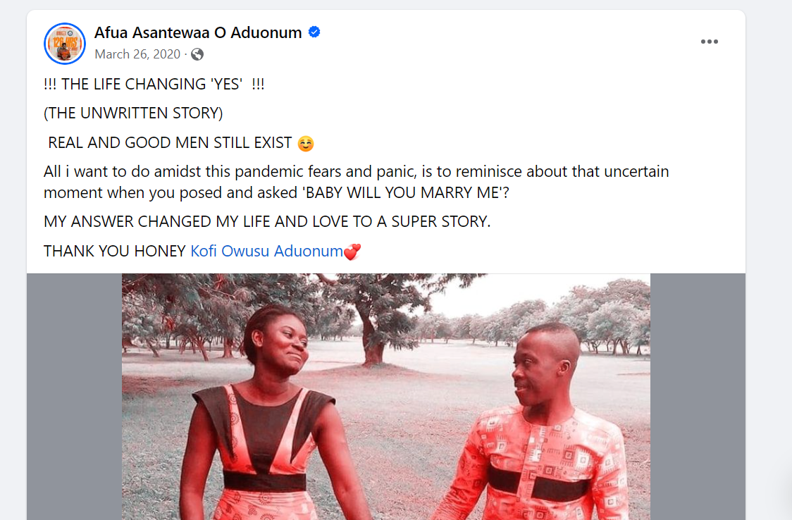 Screentshot of Afua Asantewaa's love message to her husband.