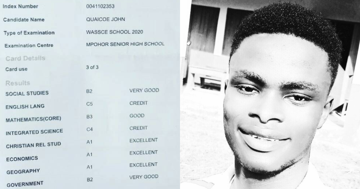 SHS graduate with 3As and C5 as lowest grade in WASSCE shares results, begs for job