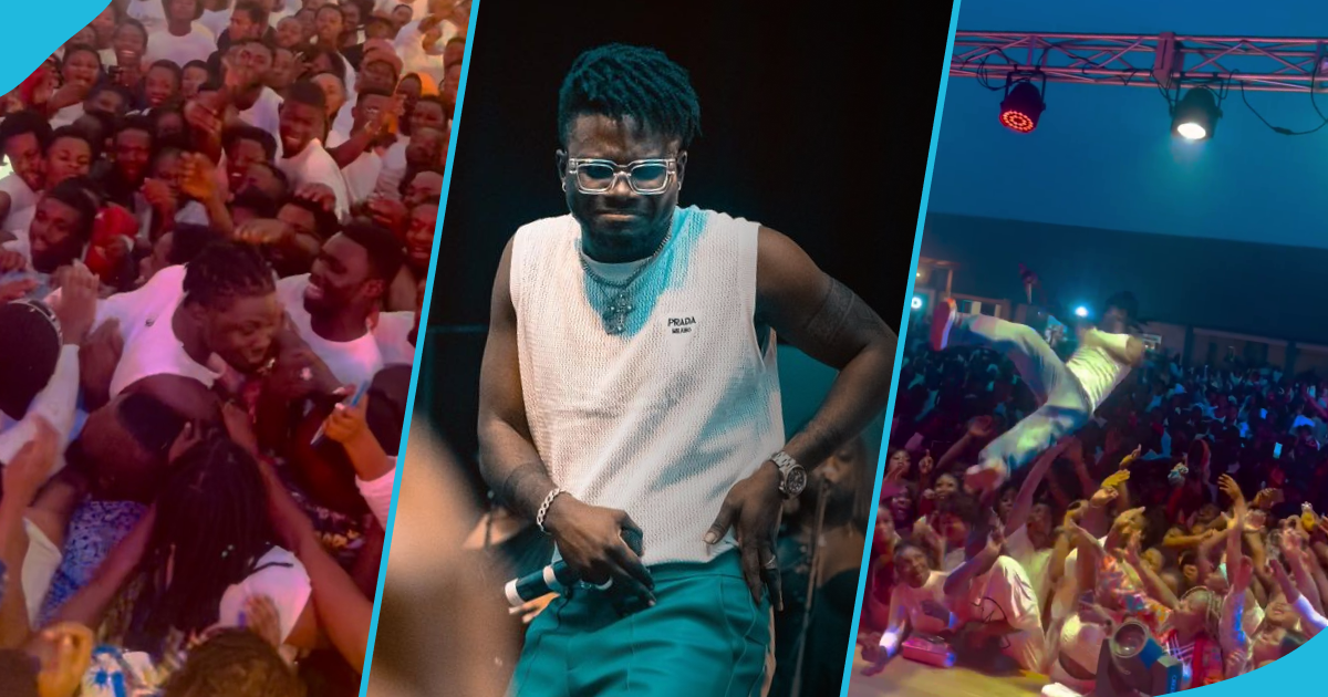 Kuami Eugene jumps on a crowd in Berekum at a concert, video leaves many in awe: "Too risky"