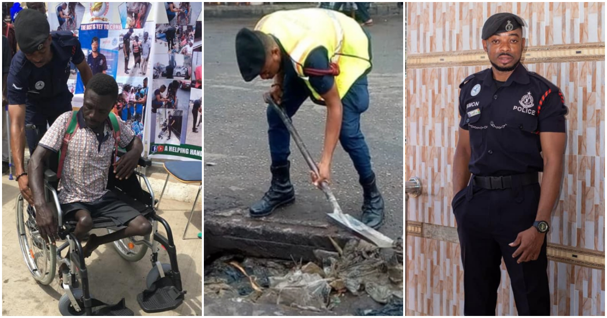 Photos of Ghanaian police officer Simon Agbeko and a physically challenged man.