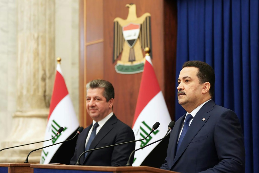 Iraqi Prime Minister Mohammed Shia al-Sudani, on the right, at a joint press conference with his Kurdish counterpart Masrour Barzani in Baghdad