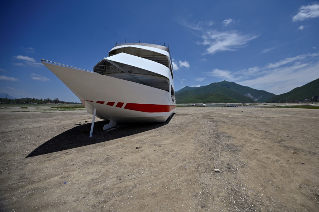 A tourist boat left high and dry by receding waters at La Boca reservoir near Mexico's northern city of Monterrey
