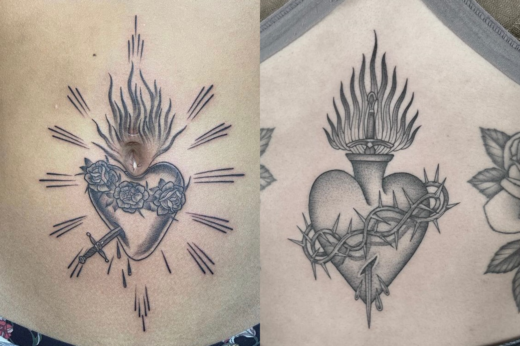 Two ladies with black sacred heart tattoos at the centre of their stomachs