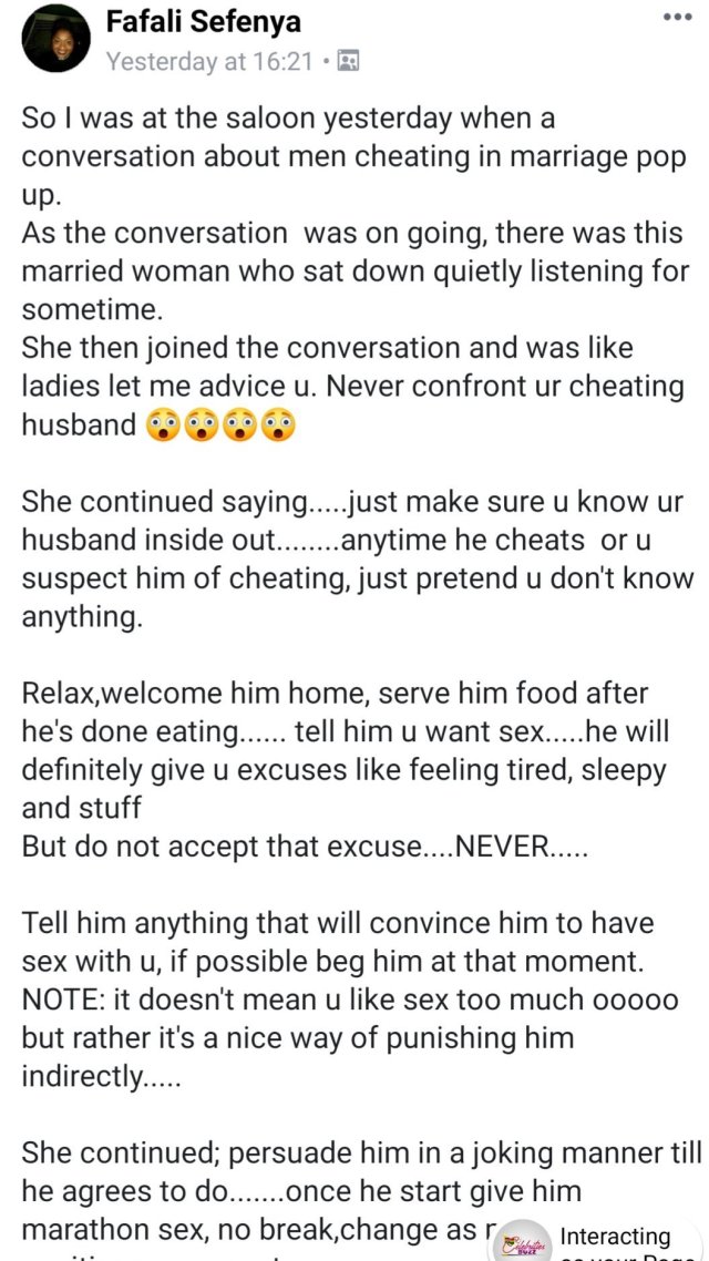 Married woman offers solution to other married women who have cheating husbands