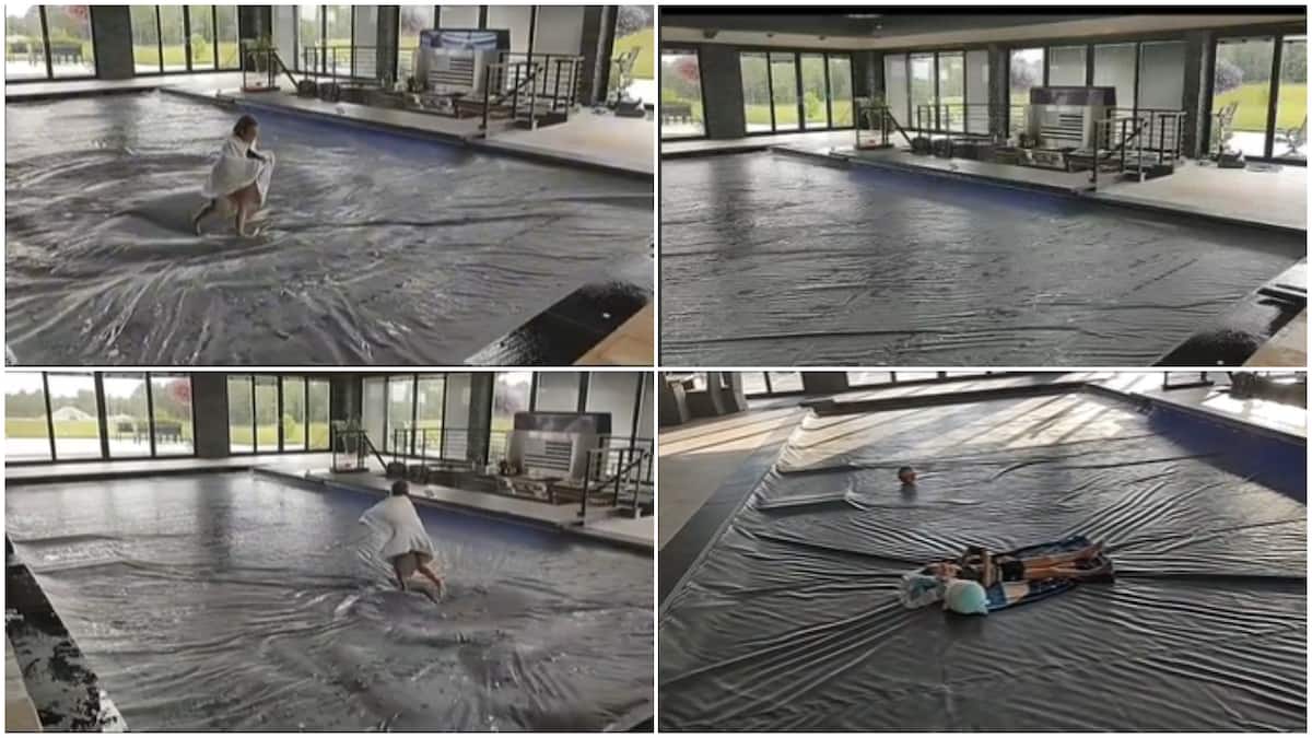 Father covers home swimming pool as safety measure, his child walks over it, plays without drowning in video