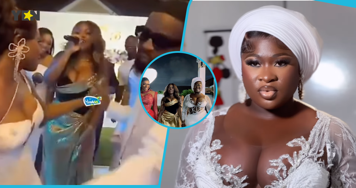 Sista Afia, Gyakie and S3fa model in beautiful corseted gowns and high heels at Bisa Kdei's wedding