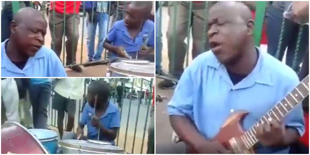 Visually impaired guitarist man and drummer son perform on street, wow people with their talents