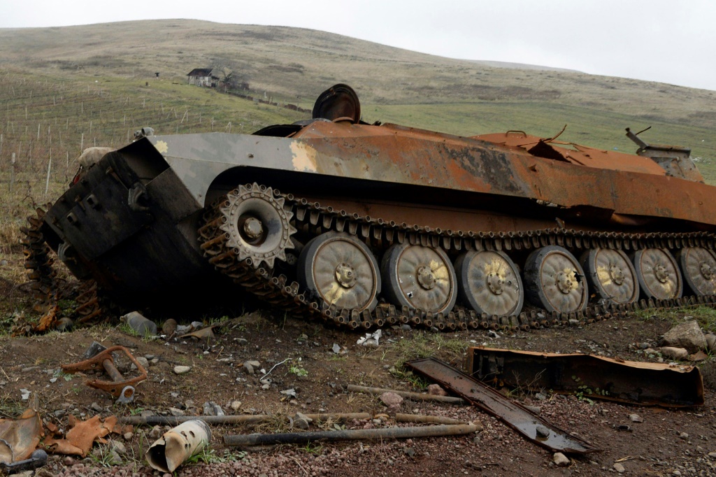 A picture taken November 30, 2020 shows what is said to be destroyed Armenian military hardware outside the towns of Hadrut and Khojavend -- six weeks of fighting between Armenia and Azerbaijan cost thousands of lives that year