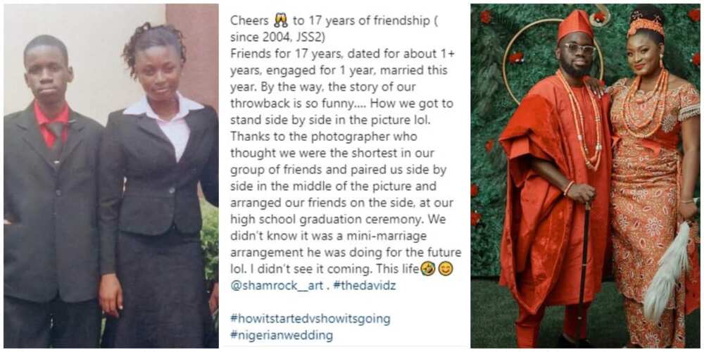 Secondary school classmates marry after 17 years, throwback and wedding photos go viral