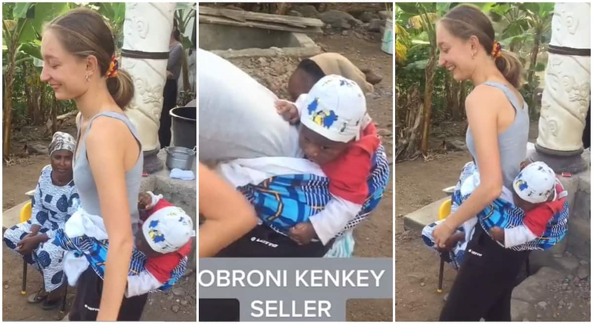 Photos of a White woman with a baby tied to her back.
