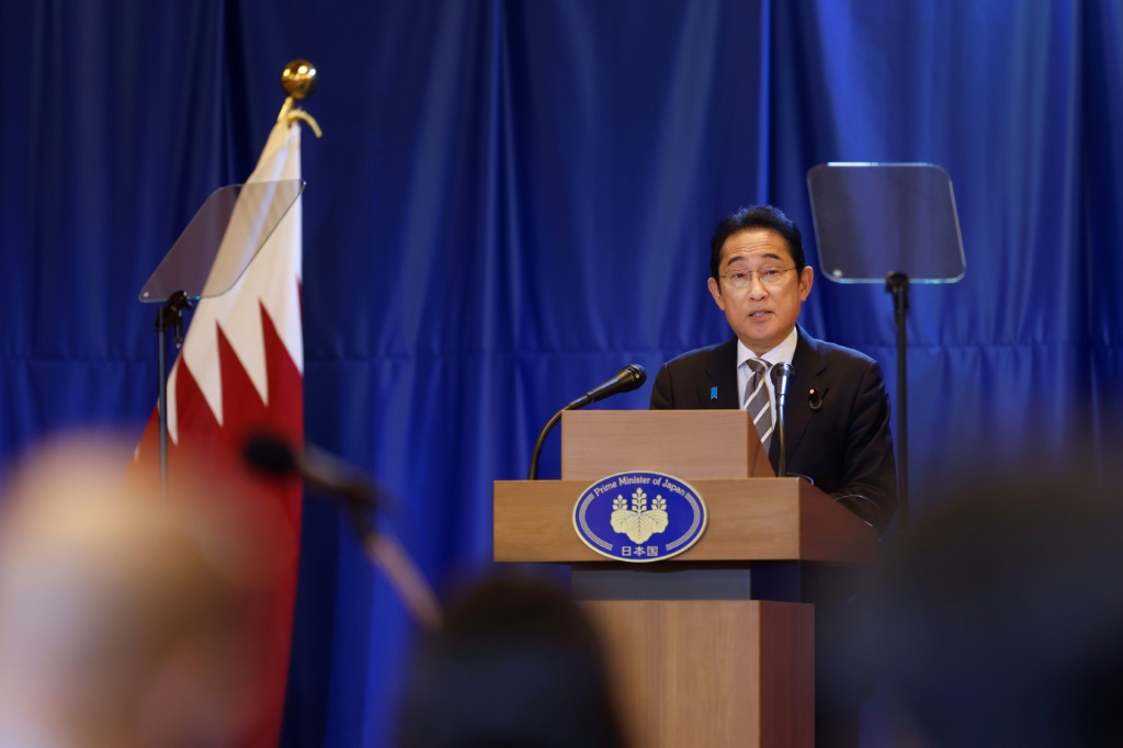 Japan's Prime Minister Fumio Kishida addresses a press conference during a visit to Qatar on July 18, 2023, as he wraps up a Gulf tour centred on energy security and cooperation with Tokyo's main suppliers.