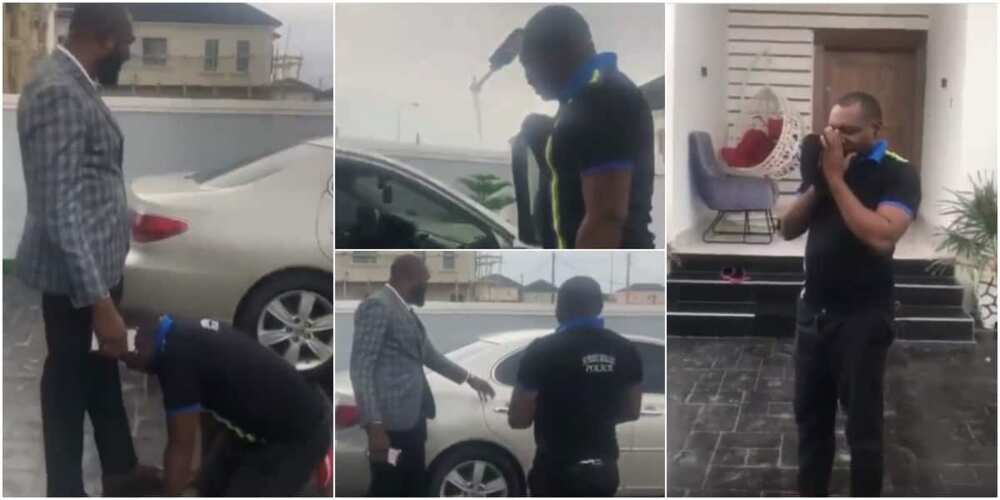 Police officer goes wild in surprise as his Nigerian boss gifts him new car, he throws away his cap and prostrates in video