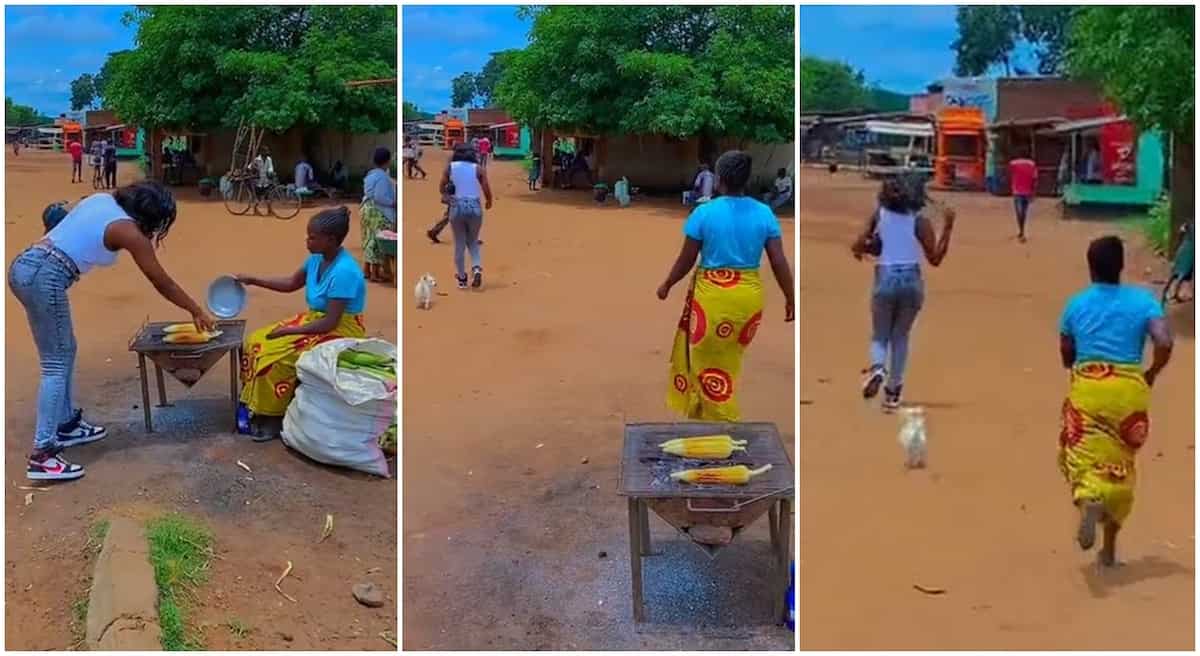 Photos of a corn seller chasing after a customer.