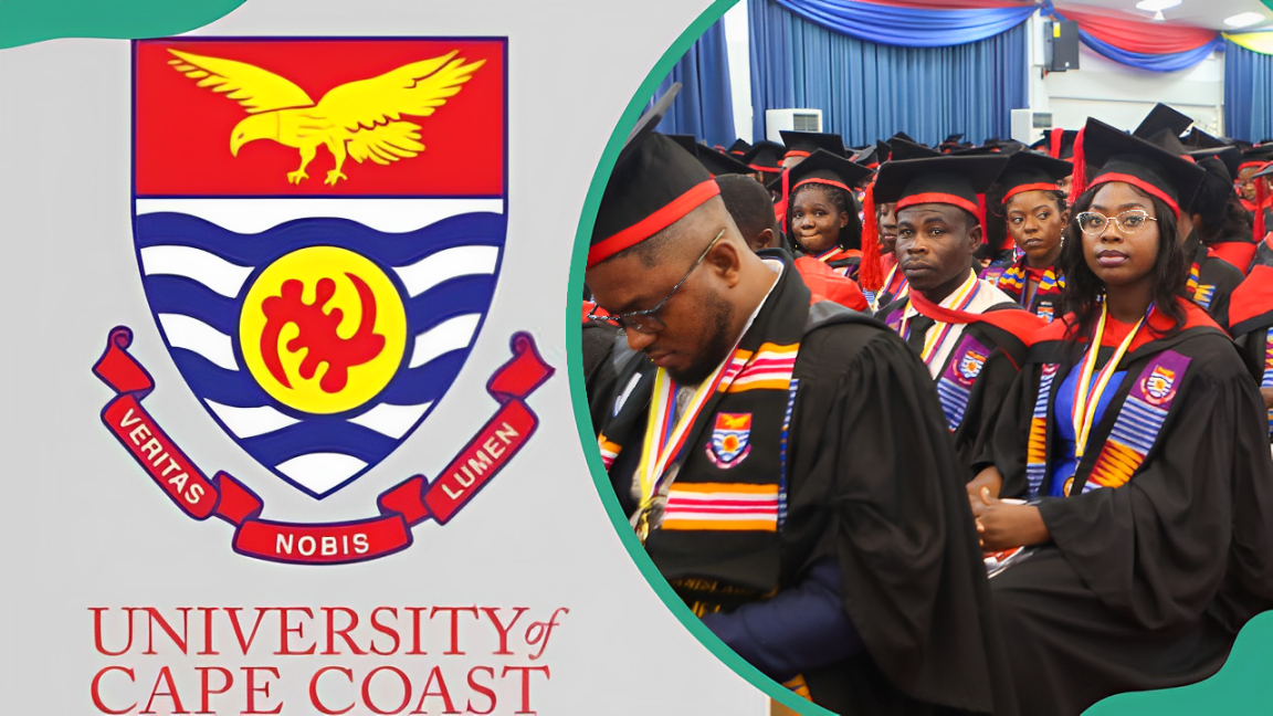 University of Cape Coast (UCC) logo (L). UCC postgraduate students during the 56th Congregation ceremony