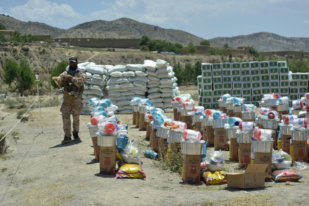 Relief supplies awaiting distribution in Gayan district, which was hard hit by last week's deadly Afghan earthquake