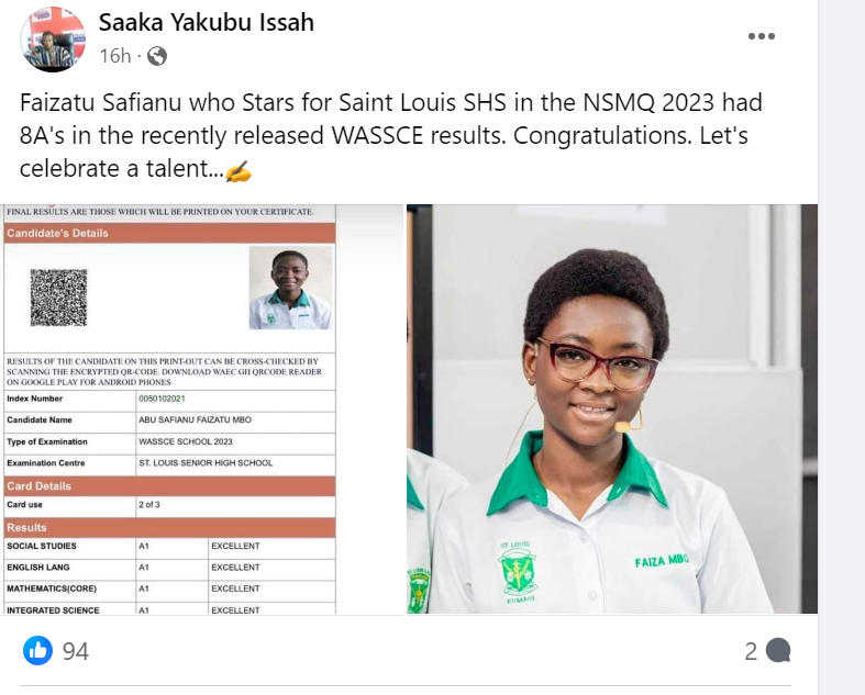 Photo Photo of Abu Safianu Faizatu Mbo's WASSCE results.