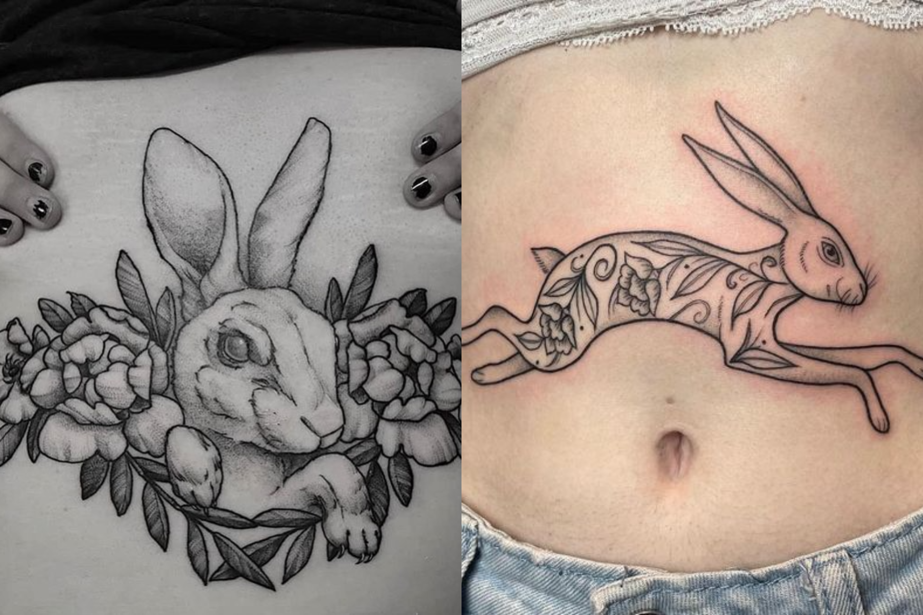 Ladies with rabbit tattoos on their upper abdomen