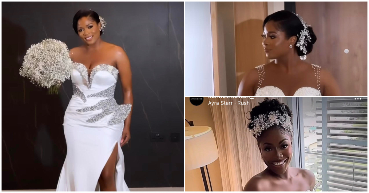Ghanaian bride stuns in a white beaded gown designed with a white kente fabric