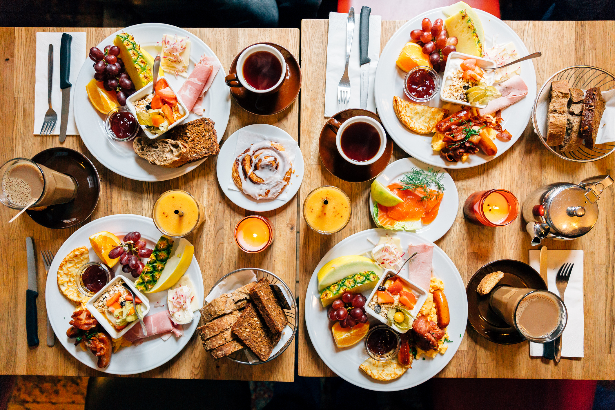 Delicious brunch spread on a table from above.