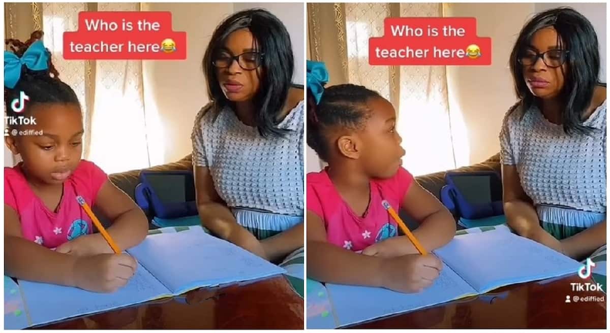 Photos of a mother and her daughter when they were learning English pronunciations.