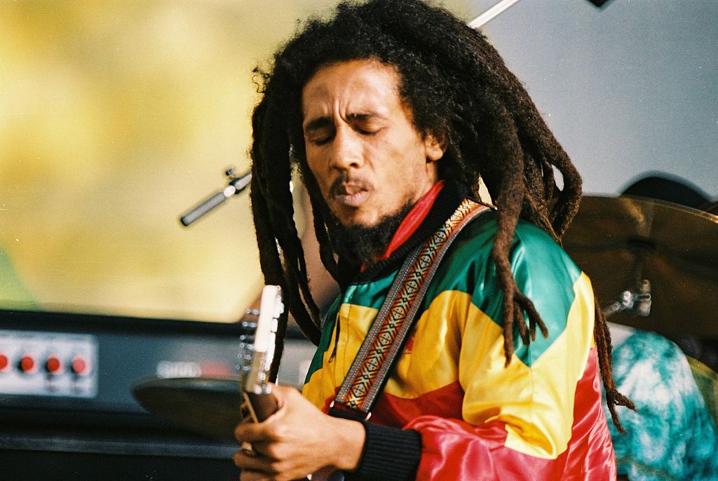 Bob Marley performs in a Reggae themed jacket in London.