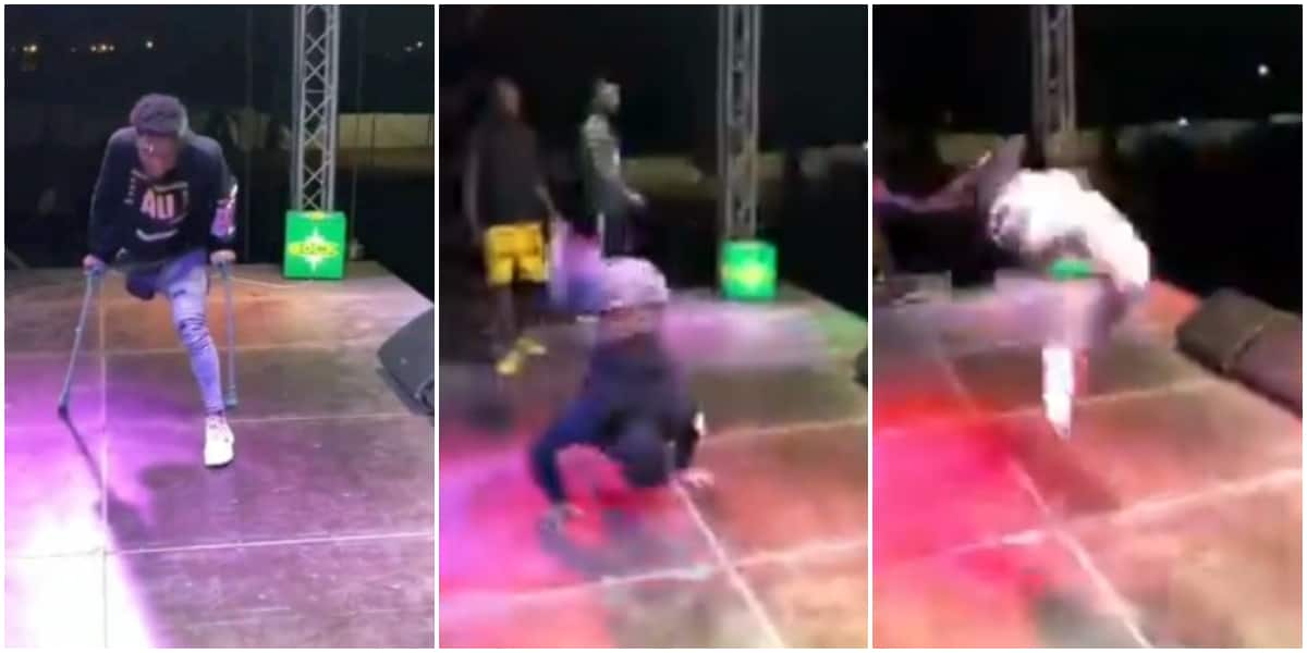 One-legged man thrills crowd as he throws away crutches, does legwork and backflip in video