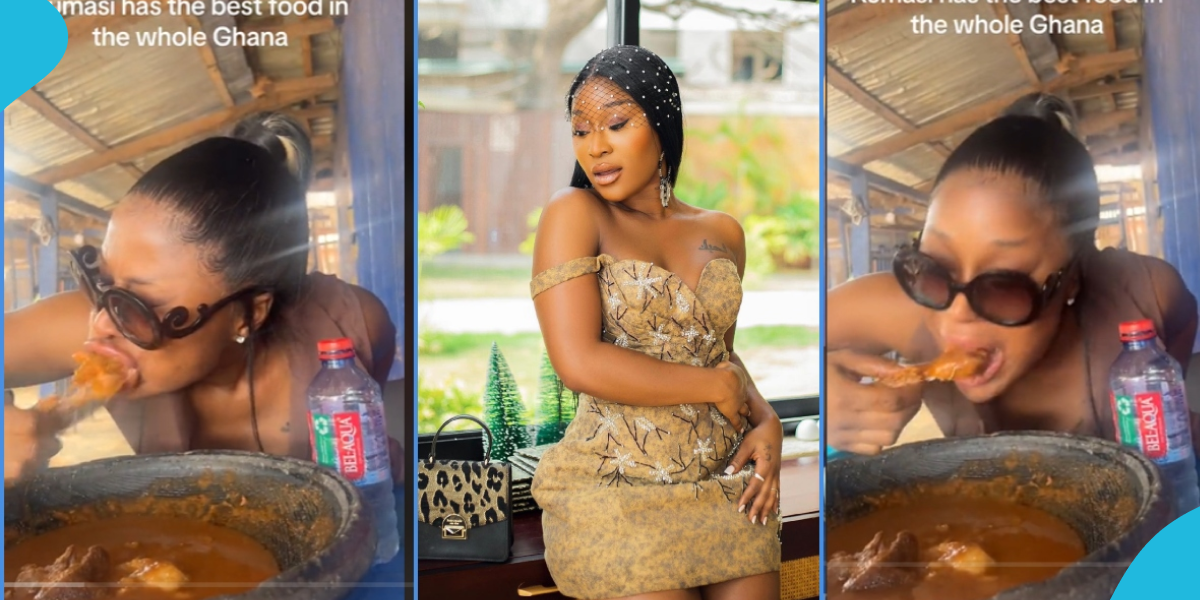 Efia Odo passionately eats fufu and soup in video, aggressively chews chicken
