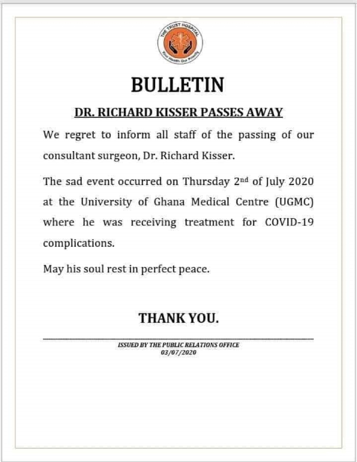 Confirmed: Renowned surgeon at Trust Hospital, Dr Kisser dies of coronavirus