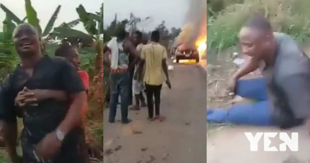 Man weeps after car he borrowed to attend funeral gets burnt on the road (video)