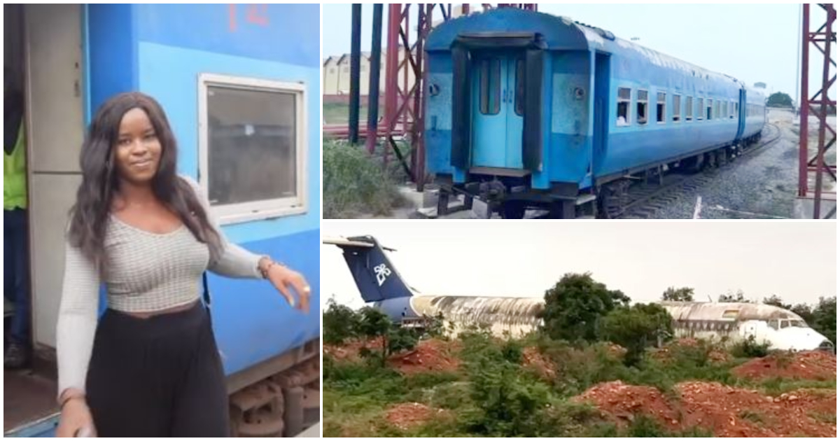 Photos of a lady, a train and an abandoned old aeroplane