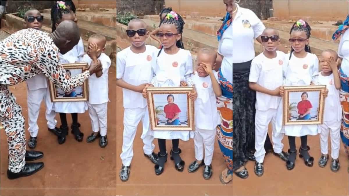 "Life no go balance again": Young boy & siblings cry bitterly at their mum's burial, video breaks hearts