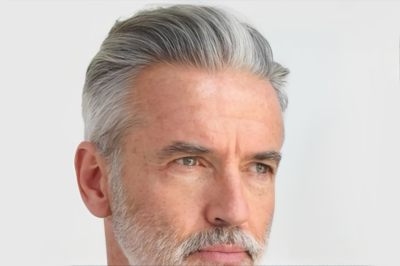 An aged white man with grey hair
