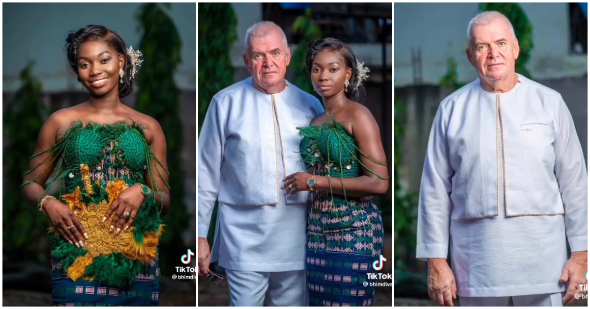 Pretty Ghanaian lady marries elderly 'obroni' man, wedding video causes stir online