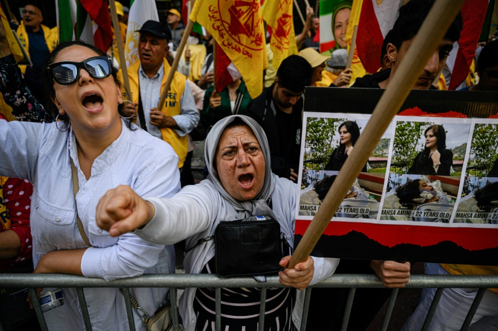 Protesters rally calling for the prosecution of the Iran's president Ebrahim Raisi during the United Nations General Assembly in New York on September 20, 2022