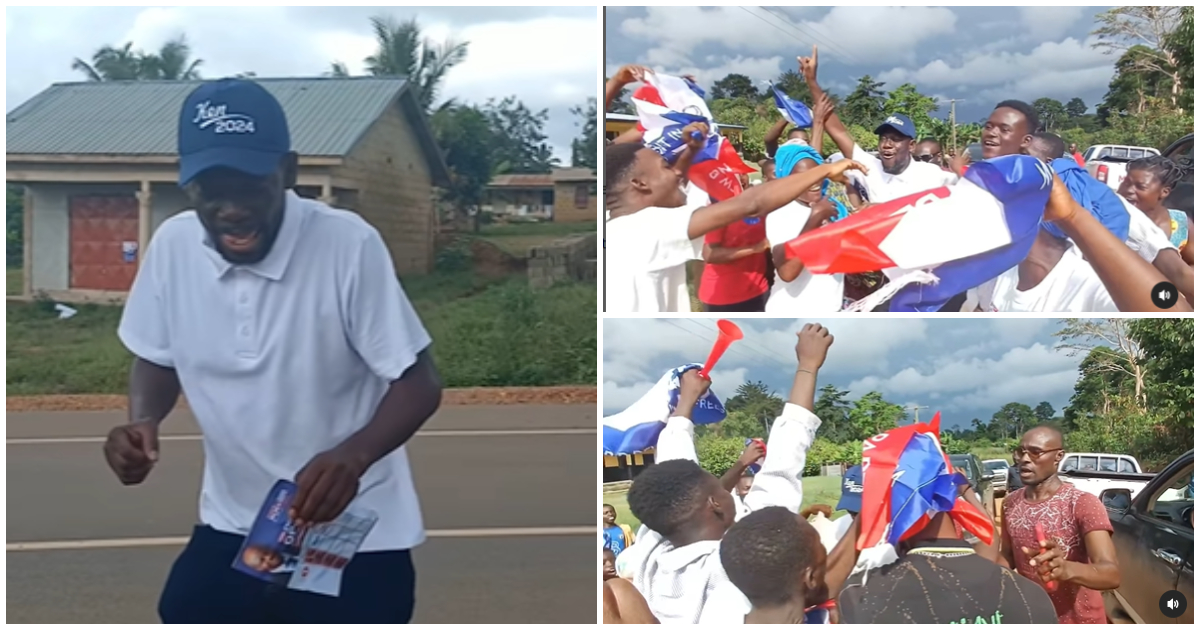 Agya Koo dances with NDC supporters during his campaign for the NPP