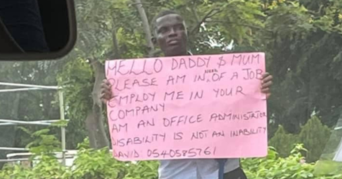 David Borketey: Gh Amputee Storms the Street with Placard in Search of Job; Emotional Photo Emerges