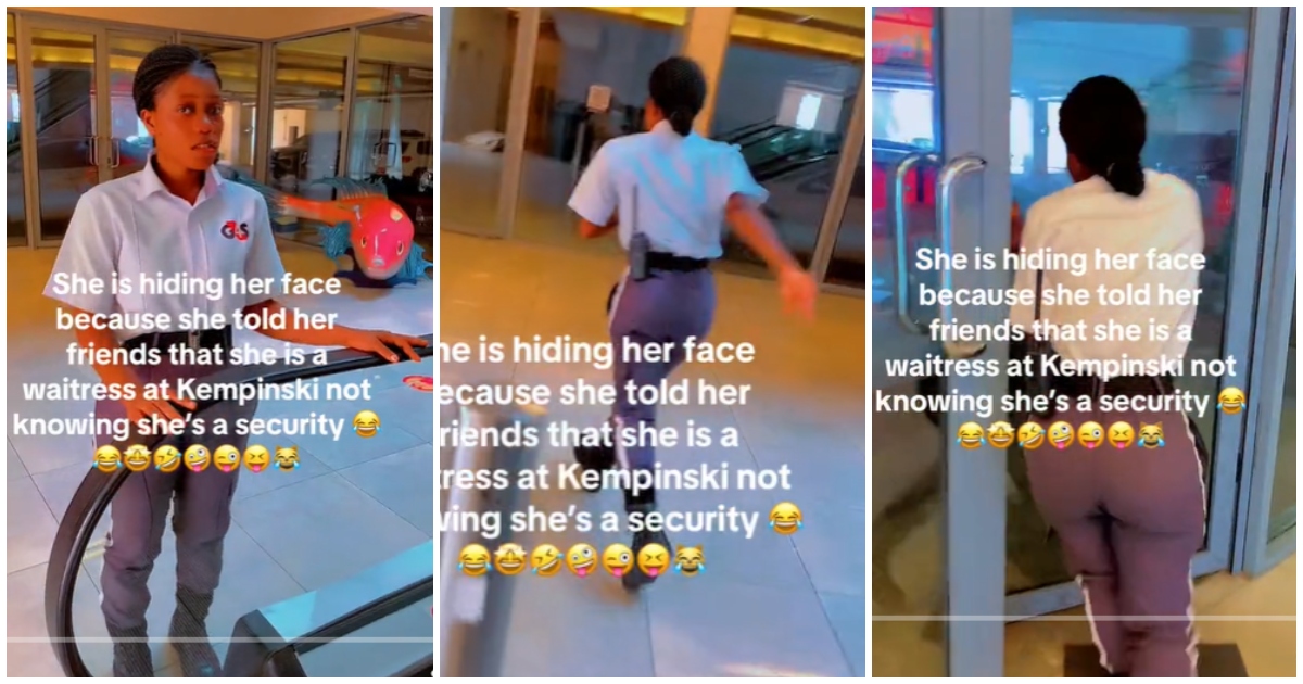 Pretty Ghanaian lady who works as a security guard runs as she realizes she is being filmed: "She claimed to be a waiter"