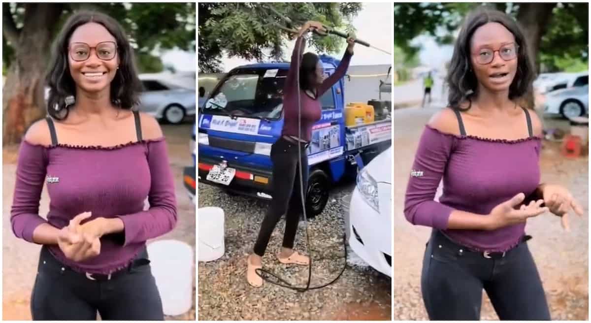 Photos of a lady who is a car wash owner.