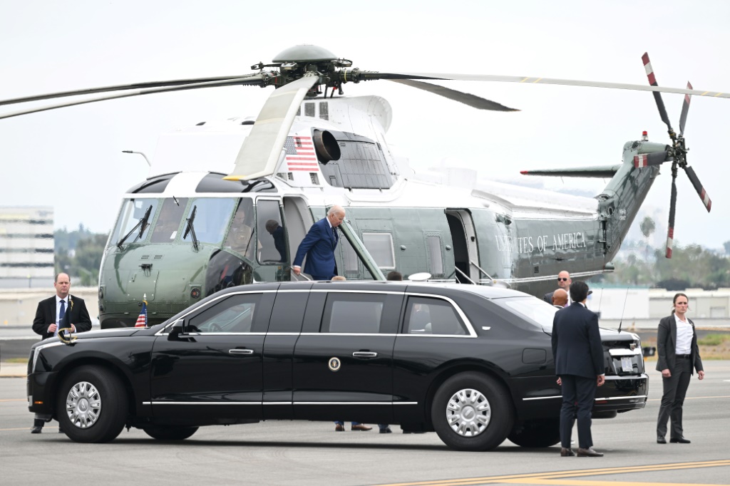 US President Joe Biden disembarks from Marine One upon arrival in Santa Ana, California, where he made remarks that have outraged Pakistan