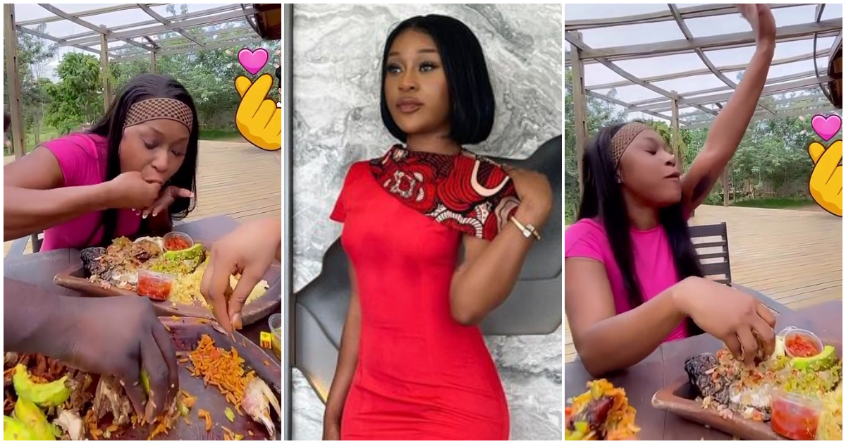 Efia Odo eats large plates of food with her hands