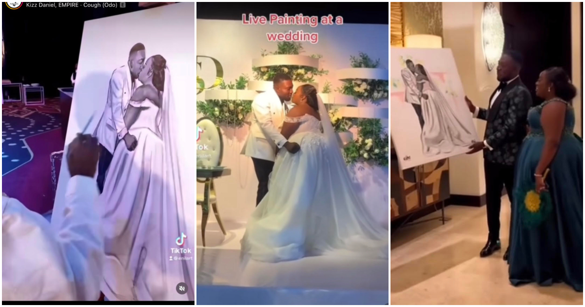 Talented Artist Surprises Lovely Couple With Painting Of Them Kissing At Their White Wedding