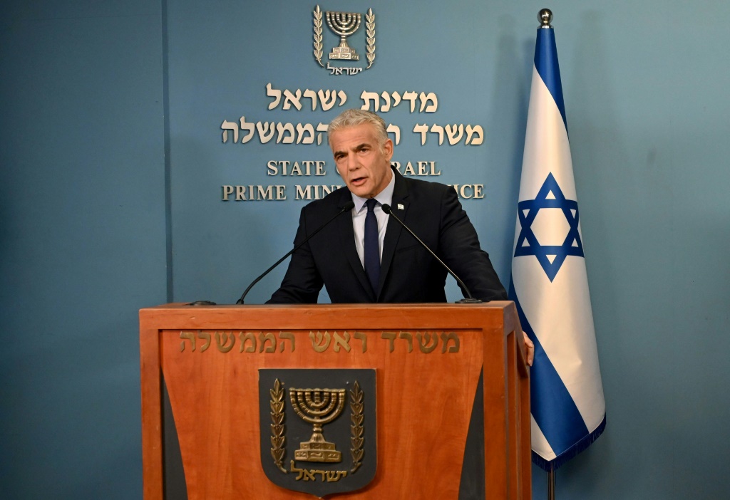 Israeli Prime Minister Yair Lapid speaks about Iran to the foreign press at the prime minister's office in Jerusalem on August 24, 2022