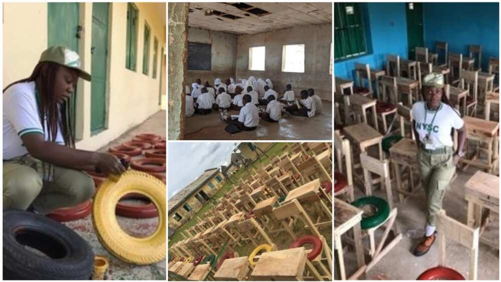 A collage showing the students on the floor and the new desks and chairs the corps made. Photo source: Twitter/LecheWinfred Maagawa