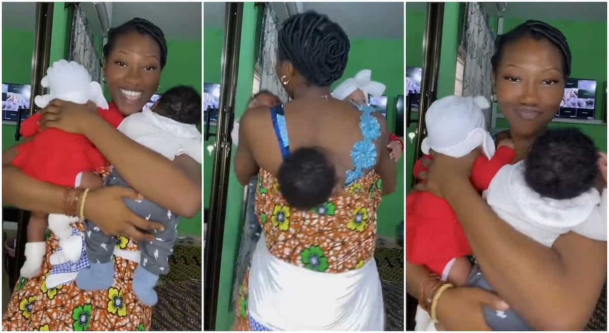 Photos of a mother dancing with her triplets kids.