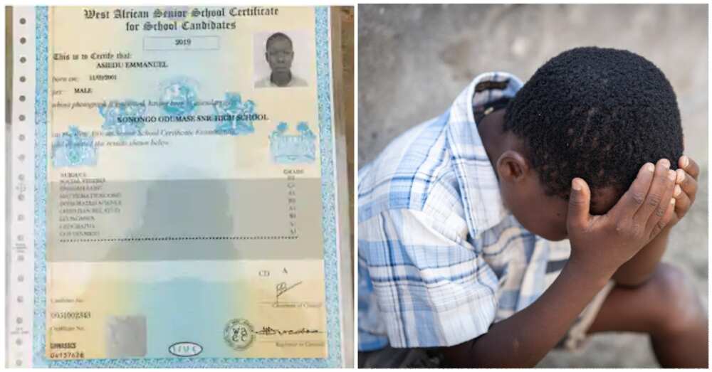 Photo of Emmanuel Asiedu's results and a boy looking sad