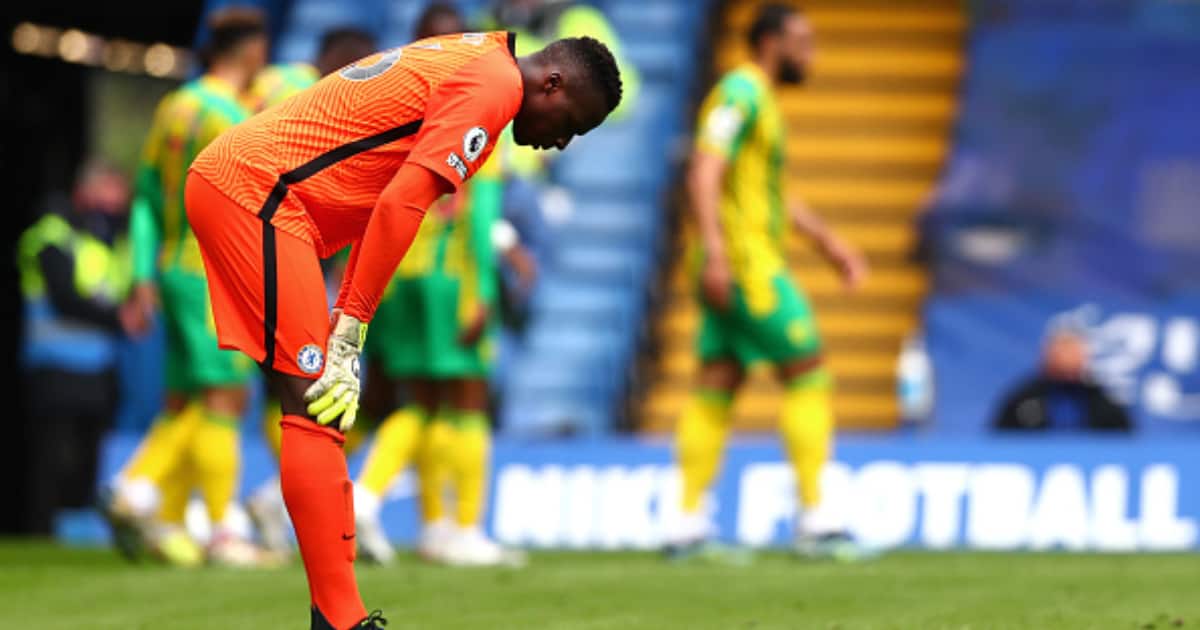 Edouard Mendy of Chelsea looks dejected during the Premier League match between Chelsea and West Bromwich Albion at Stamford Bridge. (Photo by Clive Rose/Getty Images)