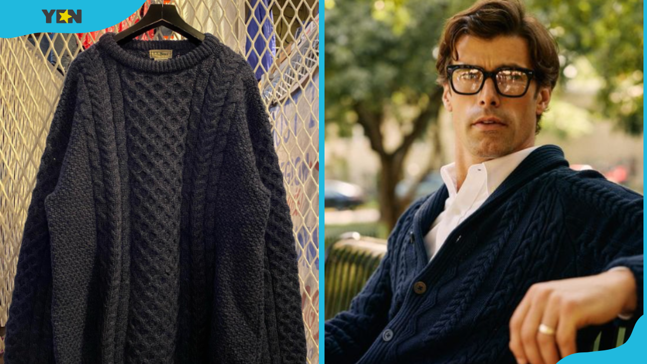 A fisherman's sweater on display (L) and a man wearing a fisherman's sweater (R).